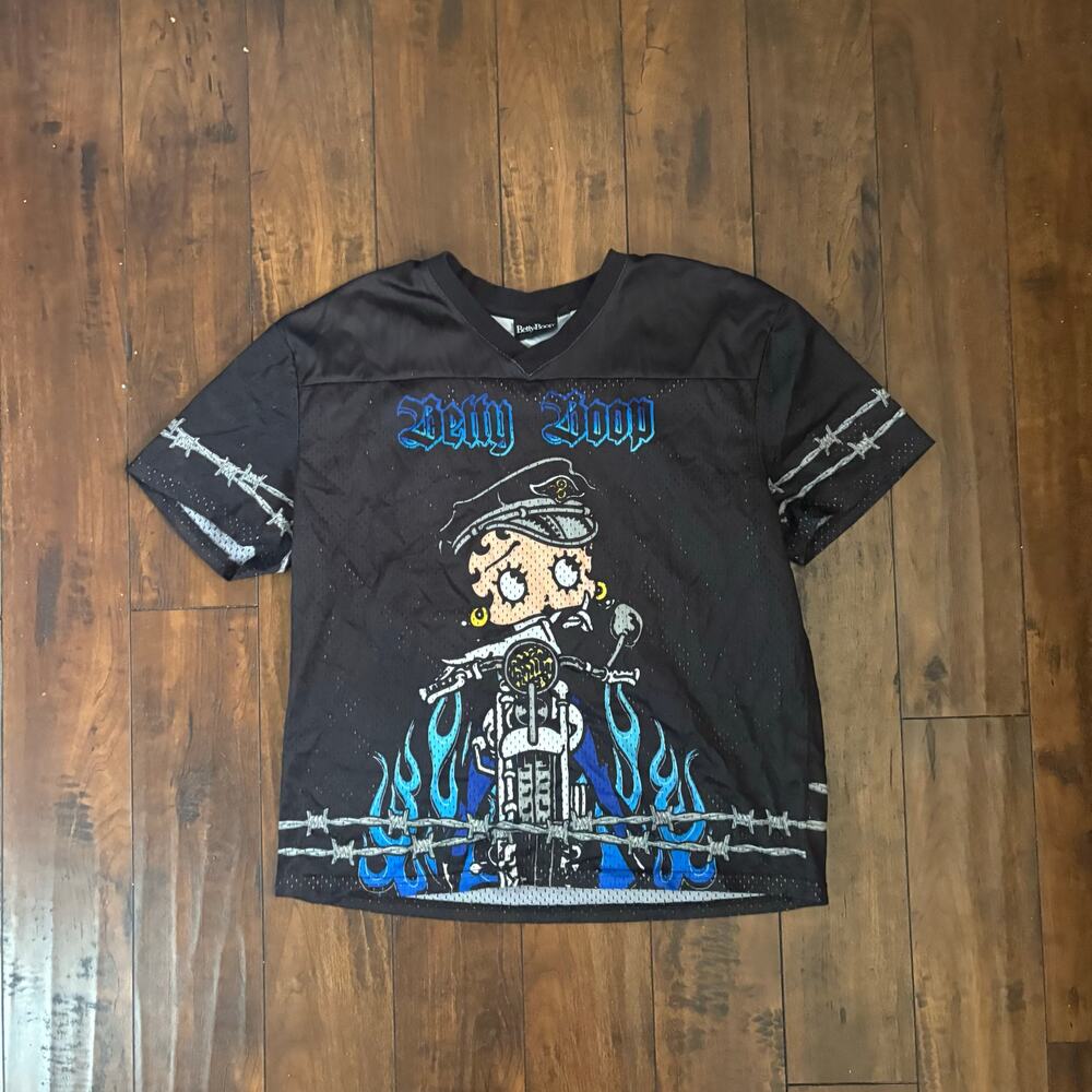 Y2K Betty Boop Jersey Shirt Mens M Black Biker Flames Motorcycle 2000s Graphic